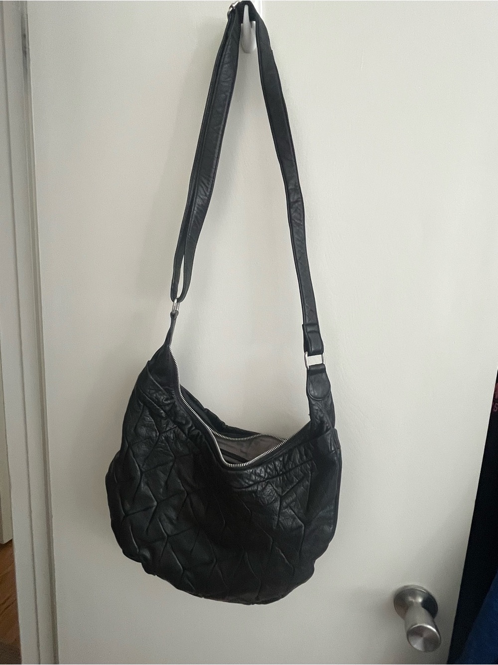 Textured Black Quilted Shoulder Bag with Adjustable Strap